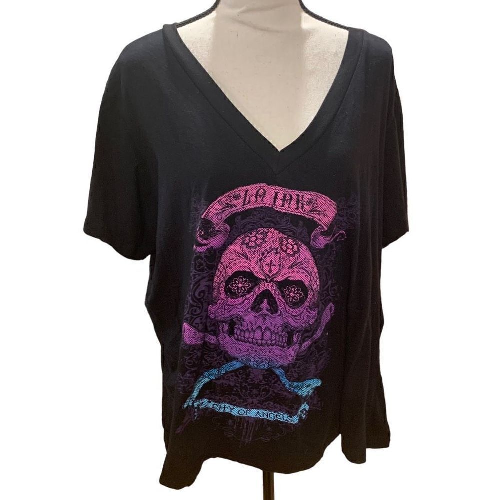 LA Ink Y2k Skull & Crossbones V-Neck Punk Goth Grunge 1/2 Sleeve Blk Pink WMN 4X